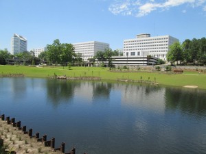 State office buildings are framed by Tallahassee's Cascades Park, a former contamination site. Photo by Bruce Ritchie.